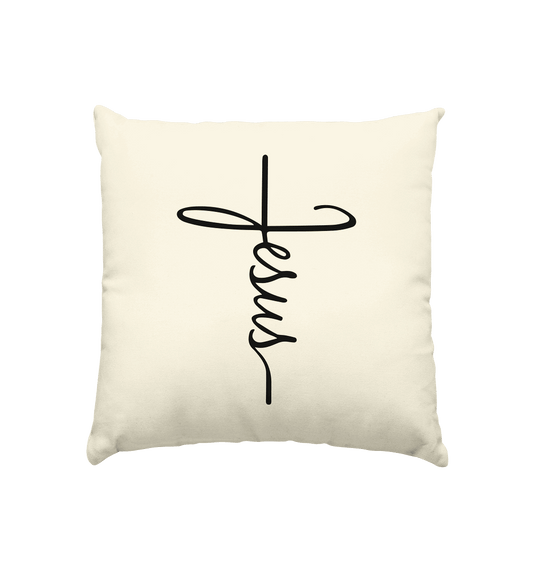 Kreuz mit Jesus Schrift – Ein kraftvolles Glaubensstatement - Kissen natur 40x40cm